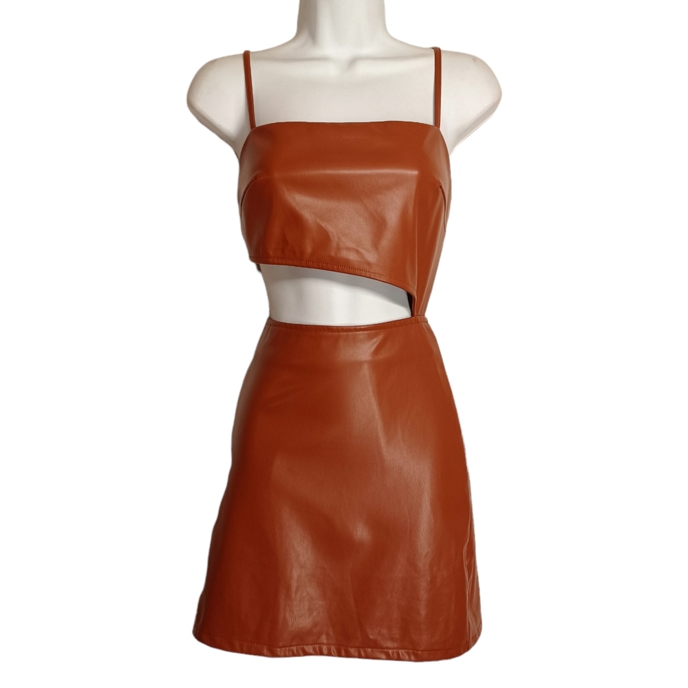 FASHION NOVA Brown Faux Leather Mid Cut Out Strappy Back Mini Bodycon Dress M - Picture 2 of 9